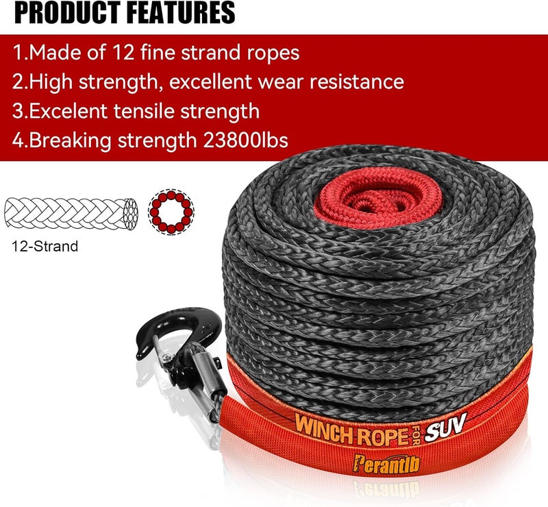 Perantlb Synthetic Winch Rope 3/8" x 100'-23800 lbs Winch Line with Protective Sleeve,Forged Winch Hook,Safety Pull Strap go for 4WD Road Vehicle Truck SUV ATV UTV（Black Gray）… - Image 4